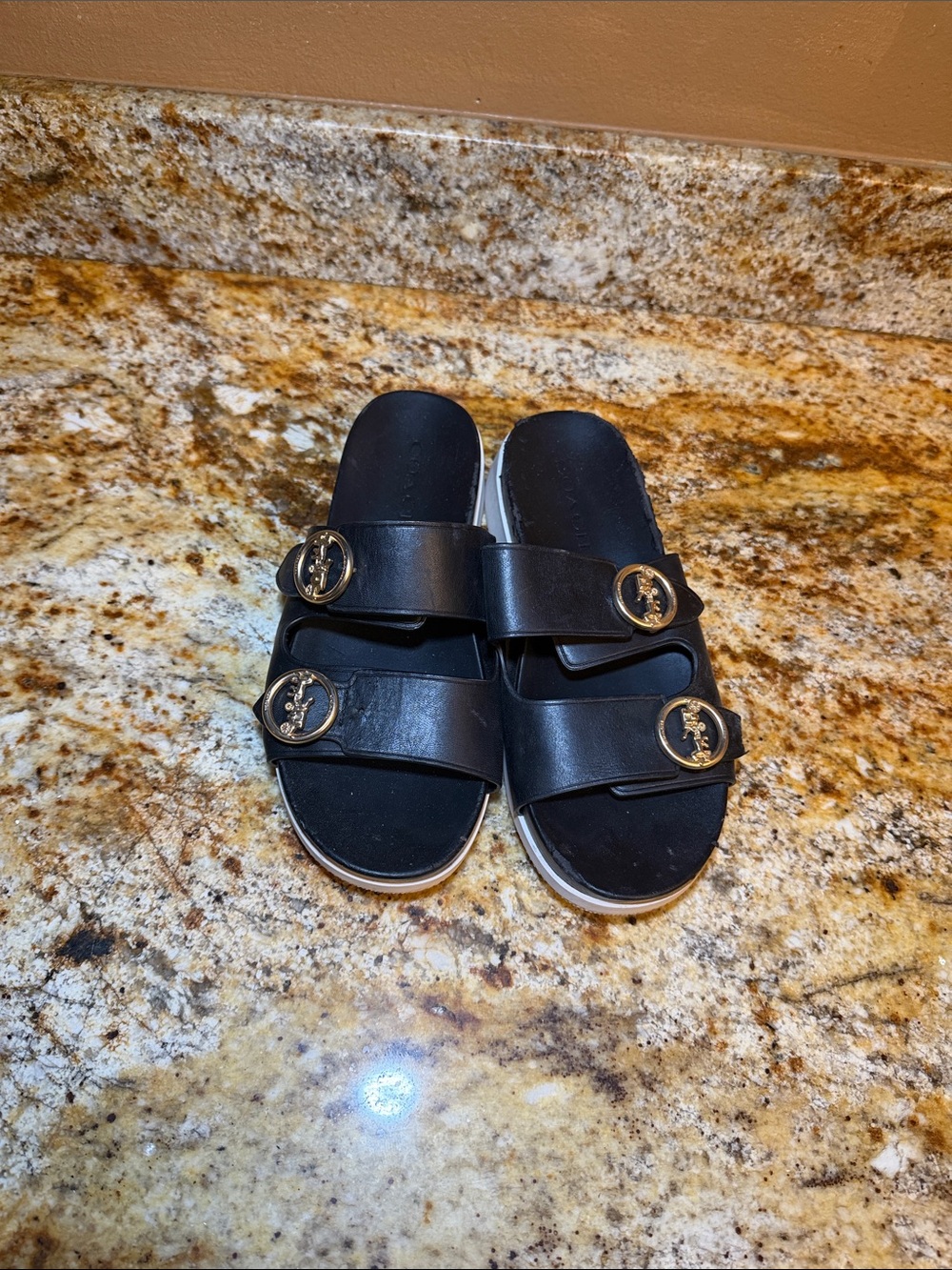 Coach Black Leather Double Strap Slide Sandals - Gold Horse & Carriage Buckles